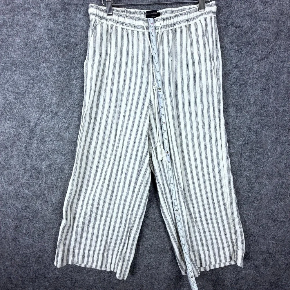 Banana Republic Wide Leg Linen Pants Women Small Black White Striped Tassel Boho